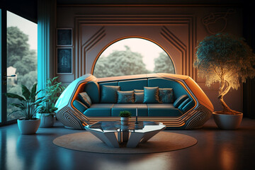 futuristic living room with futuristic sofa and table. generative ai concept