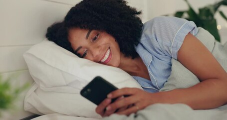 Canvas Print - Phone text, happy woman and bed of a young female texting on a social media app in the morning. Wifi, web networking connection and happiness of a person with a smile in a house reading a message