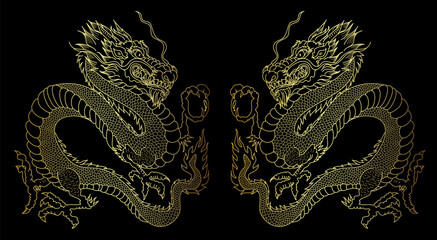 Wall Mural - Traditional Japanese dragon with cherry blossom and wave for tattoo design.Hand drawn Chinese dragon for printing on shirt.Beautiful line art of dragon vector for painting on white isolated background