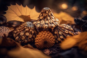 Wall Mural - Blurred backdrop closeup of real morel mushrooms in the autumnal woods Generative AI