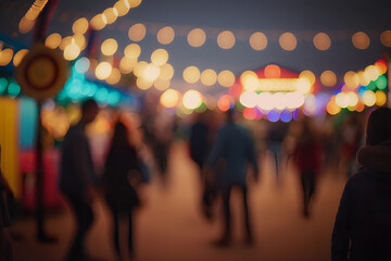 A vibrant wide shot of a carnival, with beautiful soft bokeh of colorful lights and a defocused crowd in the background. generative ai