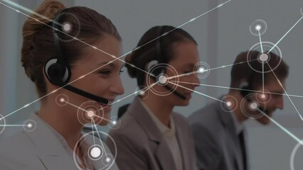 Poster - Animation of network of connections over caucasian woman talking on phone headset at office