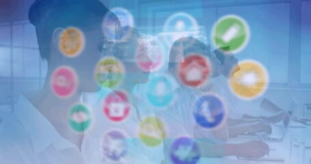 Poster - Animation of digital icons and data processing over diverse colleagues working at office