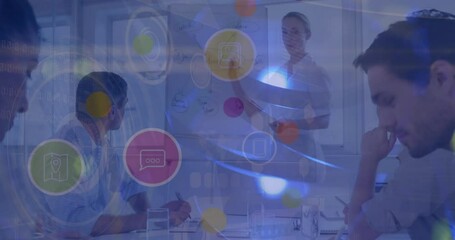 Poster - Animation of digital icons and blue light spots over caucasian woman giving a presentation at office