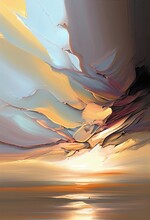 Painting Sunset Body Deep Clouds Swirling Portrait Asymmetrical Sinking Drowning Scattered Light Sun After Dynamic Folds Tundra Low Ceiling Merge, Generative Ai