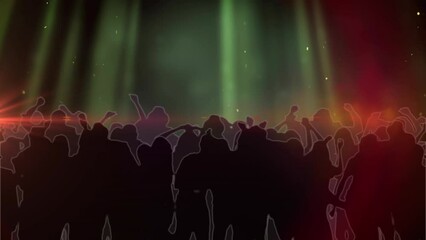 animation of light spots and trails over silhouettes of people dancing on black background