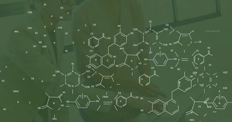 Poster - Animation of chemical structures and data processing over caucasian businesswomen talking in office