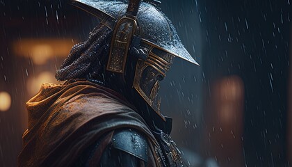 Wall Mural - samurai in the rain digital art illustration, Generative AI