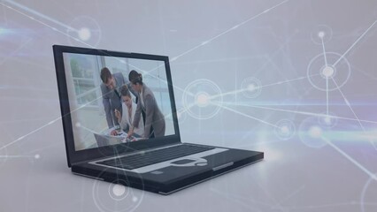 Poster - Animation of dots connected with lines over businesspeople in laptop discussing reports in office