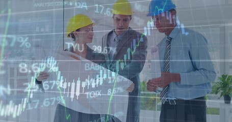 Poster - Animation of graphs and trading board over diverse engineers discussing blueprint in office