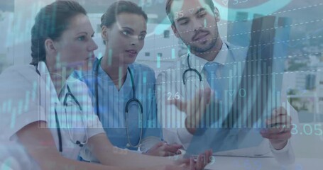 Wall Mural - Animation of multiple graphs with numbers over diverse doctors examining patients x-ray