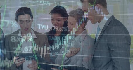Poster - animation of graphs and trading board over diverse coworkers discussing reports in office