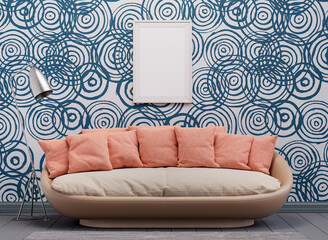 Wall Mural - Single poster frame in a colorful interior room with furniture. 3d rendering