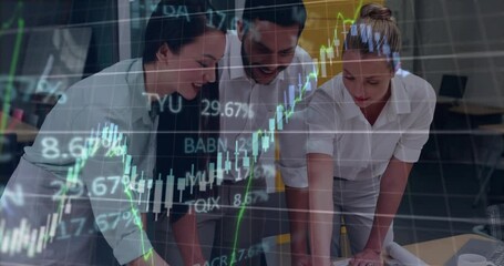 Poster - Animation of trading board and graphs over diverse coworkers discussing blueprint at office