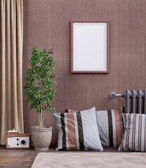 Wall Mural - Single poster frame in a colorful interior room with furniture. 3d rendering