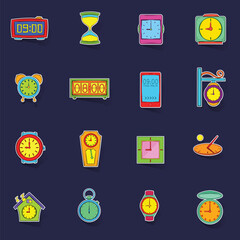 Poster - Time and Clock icons set stikers collection vector with shadow on purple background