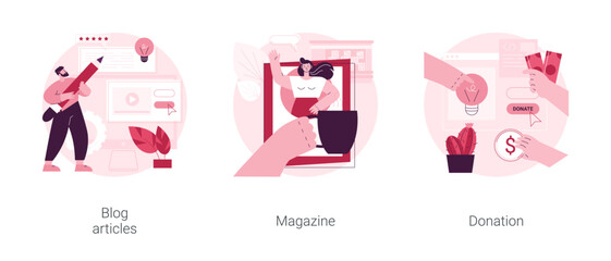 Poster - website tabs abstract concept vector illustration set. blog articles, online magazine, donation and 