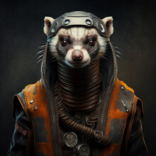 Realistic Lifelike Ferret In High End Cyberpunk Cyber High Tech Futurist Armour Outfit, Commercial, Editorial Advertisement, Surreal Surrealism	
