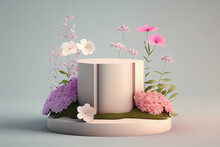 3D Background With Petunia Flowers And Leaves. Soft. Product Presentation. Luxury Mockup 3d Render Advertisement Copy Space Mockup. Mother Woman Day. Event Love Romance	
