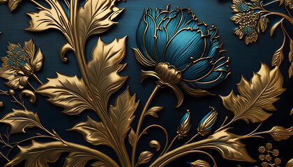 blue and gold wallpaper with a floral design, a detailed painting by Josef Navrátil, behance contest winner,ornate,textiles design