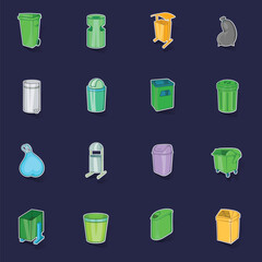 Poster - Trashcan icons in cartoon style. Garbage box set stikers collection vector with shadow on purple background