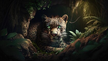 Wall Mural - leopard hiding in the forest. created with generative ai.