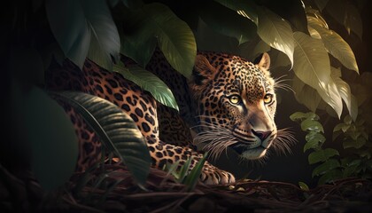 Wall Mural - leopard hiding in the forest. created with generative ai.