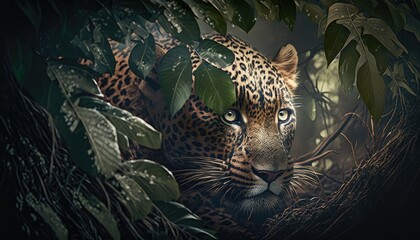 Wall Mural - leopard hiding in the forest. created with generative ai.