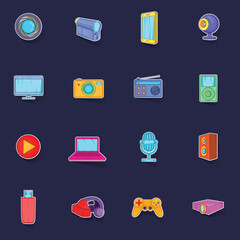Poster - Multimedia icons set stikers collection vector with shadow on purple background