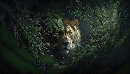 hidden lion in the forest. created with generative ai.