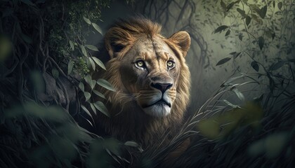 Wall Mural - hidden lion in the forest. created with generative ai.