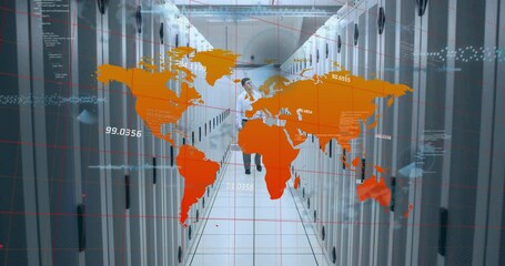 Wall Mural - Animation of world map and data processing over caucasian businessman by computer servers