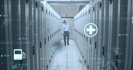 Poster - Animation of data processing over caucasian businessman by computer servers