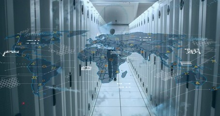 Poster - Animation of world map and data processing over caucasian businessman by computer servers
