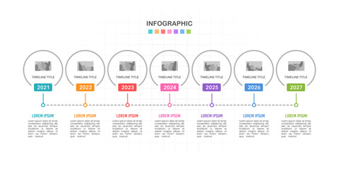 Business infographics with 7 circles on timeline diagrams. Milestone, Anniversary, Report, Company, and Data. Vector illustration.