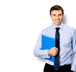 © vgstudio - Portrait image - smiling business man in confident cloth, necktie, tie with folder, isolated against white background. Businessman, bank account manager, layer, real estate sales agent