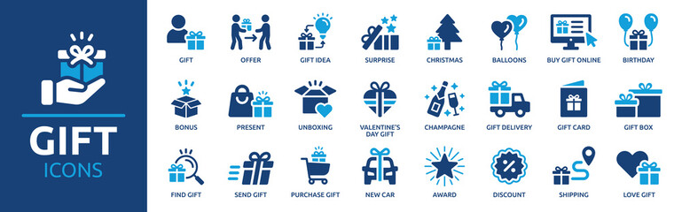 gift icon set. containing offer, surprise, gift idea, birthday, bonus, award, christmas, discount an