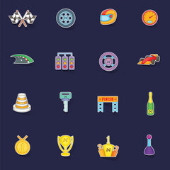 Poster - Car racing icons set stikers collection vector with shadow on purple background