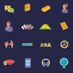 Poster - Translator icons set stikers collection vector with shadow on purple background