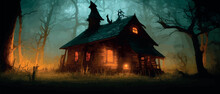 Night, Moonlight, Fantastic Spooky House In A Dark, Spooky, Wind, Dark Fantasy Scene, Landscape With Spooky House, Forest, Graveyard. Vector Illustration Banner Of Spooky Misty Forest At Night.