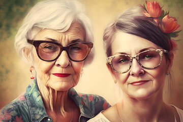 A daughter with her sassy mother, older generation, or two older best friends, portrait, painting, smiling and happy, fashionable eye glasses and well dressed