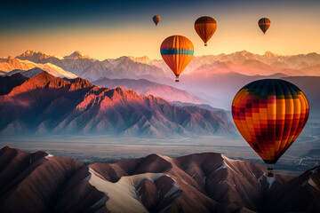 Wall Mural - Colorful hot air balloons flying over mountains. Generative AI