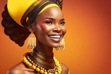 Wall Mural - Smiling black woman wearing African national costume isolated on yellow background. Generative AI.