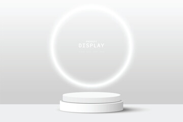 realistic gray and white 3d cylinder podium pedestal design with glowing neon round circle shape . m