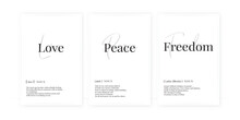Love, Peace And Freedom Definition, Vector. Minimalist Poster Design. Wall Decals, Noun Description. Wording Design Isolated On White Background. Wall Art Artwork. Modern Poster Design In Frame