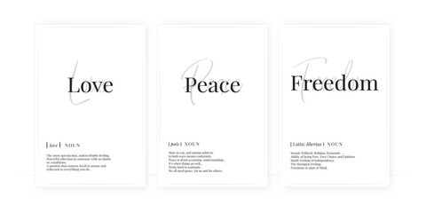 love, peace and freedom definition, vector. minimalist poster design. wall decals, noun description.