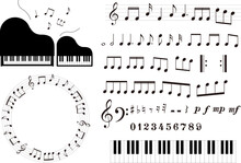 音符、休符、楽譜記号のイラストセット　五線譜のフレームイラスト　ピアノ　鍵盤