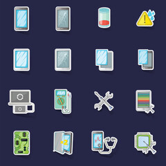 Poster - Broken phones fix icons set stikers collection vector with shadow on purple background