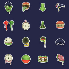 Wall Mural - Zombie parts icons set stikers collection vector with shadow on purple background