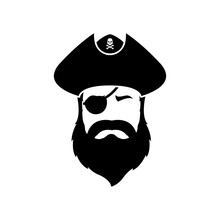 Icon Of An Evil Pirate With Beard. Man Sailor Face In Pirate Hat And Eye Patch. Corsair Logo.